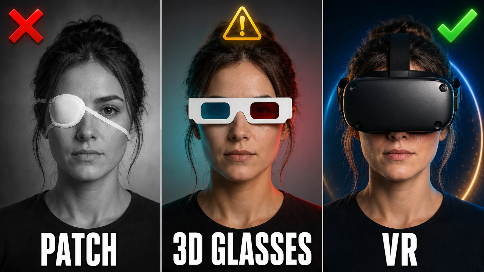 Comparison of an eye patch, 3D glasses, and a VR headset